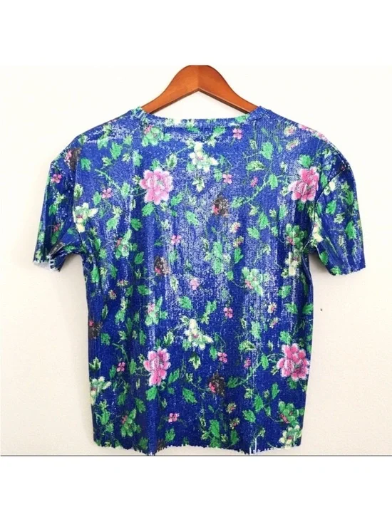 ZARA Blue Pink and Green Floral Sequin Top - Picture 6 of 8